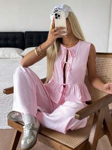 SHEIN EZwear Stockholm Style European Summer Airport Outfit For Women Vacation Two Pieces Set Pink Woven Ruffle Hem Sleeveless Top & Long Pants Casual 2-Piece Set Women Summer Clothing