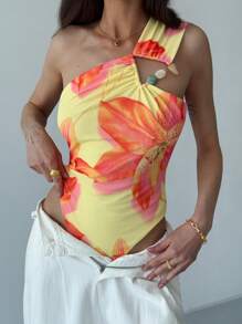 Aloruh Nuevo body de ajuste ceñido con cuello de ojo de cerradura en color liso, de estilo bohemio romántico con impresión floral de malla triangular y detalle de tirantes cruzados