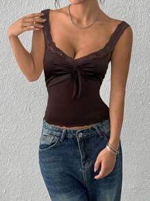 SHEIN EZwear Women's Casual Solid Color Ruffled Lace Camisole, Summer Brown - Brown - View 4