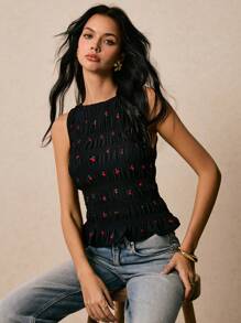 Poéselle 女士合身无袖樱桃印花荷叶边下摆衬衫