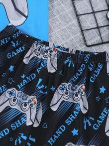 Conjunto de pijama con estampado de consola de juegos para adolescentes varones, material suave de seda de leche, top azul y pantalones cortos, ropa casual para el hogar