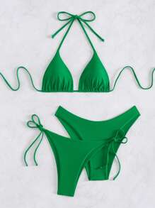 Swim Basics 3pcs/Set Women Summer Beach Solid Color Halter Tie Sexy Bikini Swimsuit Green - Green - View 3