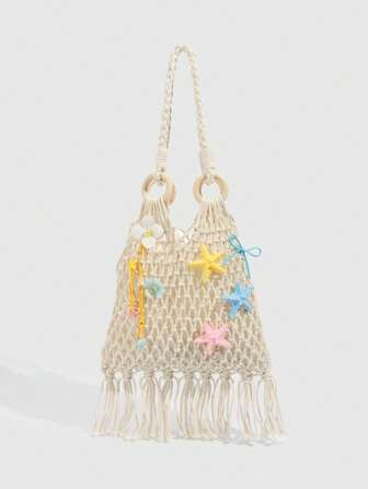 Fairycore 1 pieza Bolso de tote de macramé con elementos de océano y vacaciones tropicales, bolso de hombro con decoración de flores tropicales y flecos