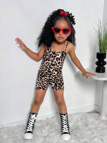 Tween Girls' Casual Street Fashion Leopard Print Jumpsuit