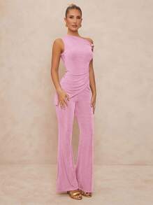 Lumalex 1 Bộ đồ nữ trang trí kim loại bất đối xứng Bodycon loe Co-Ord - Hồng - Xem 6