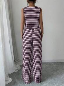 Elenzga 2 Pieces Women Striped Front Tie Tank Top And Long Pants Set, Summer - Pink - View 2