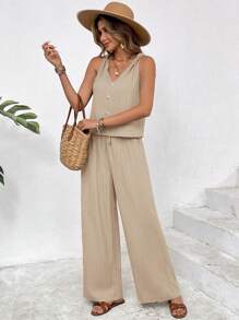 SHEIN Frenchy 2pcs Women's Simple Solid Color Sleeveless Top And Pants Set Summer - Apricot - View 5