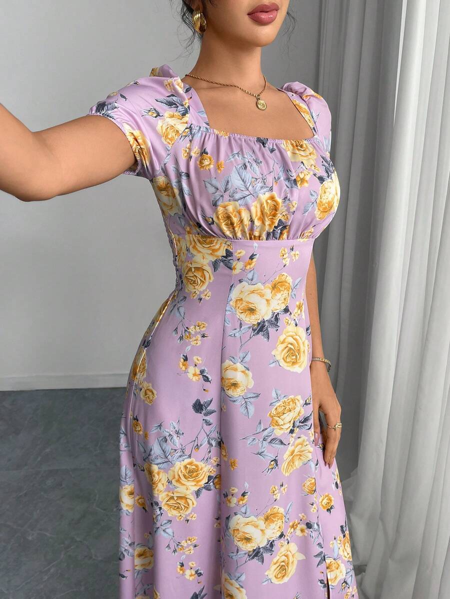 Modelyn Women Floral Print Raglan Sleeve Elegant Vacation Dress - Purple - View 1