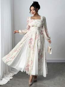 Modelyn Vestito lungo in chiffon con patchwork floreale in taglie comode, abito romantico ed elegante adatto per le vacanze, per primavera/estate