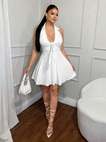 SHEIN SXY 女士前系结衬衫领迷你连衣裙，白色，夏季，70年代风格，夜店派对迪斯科短裙，优雅老钱风商务休闲工作服 - 白色 - 查看 4