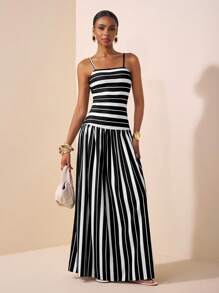 Zivah 2025年夏季新品音乐节、复活节、圣帕特里克节、西部风、游牧风、生日派对、毕业典礼、学院风、学生装、日常休闲、基础百搭、休闲、邮轮、海滩、日光浴、网红、街头风背心黑白条纹拼接A字长裙 - 黑與白 - 查看 5