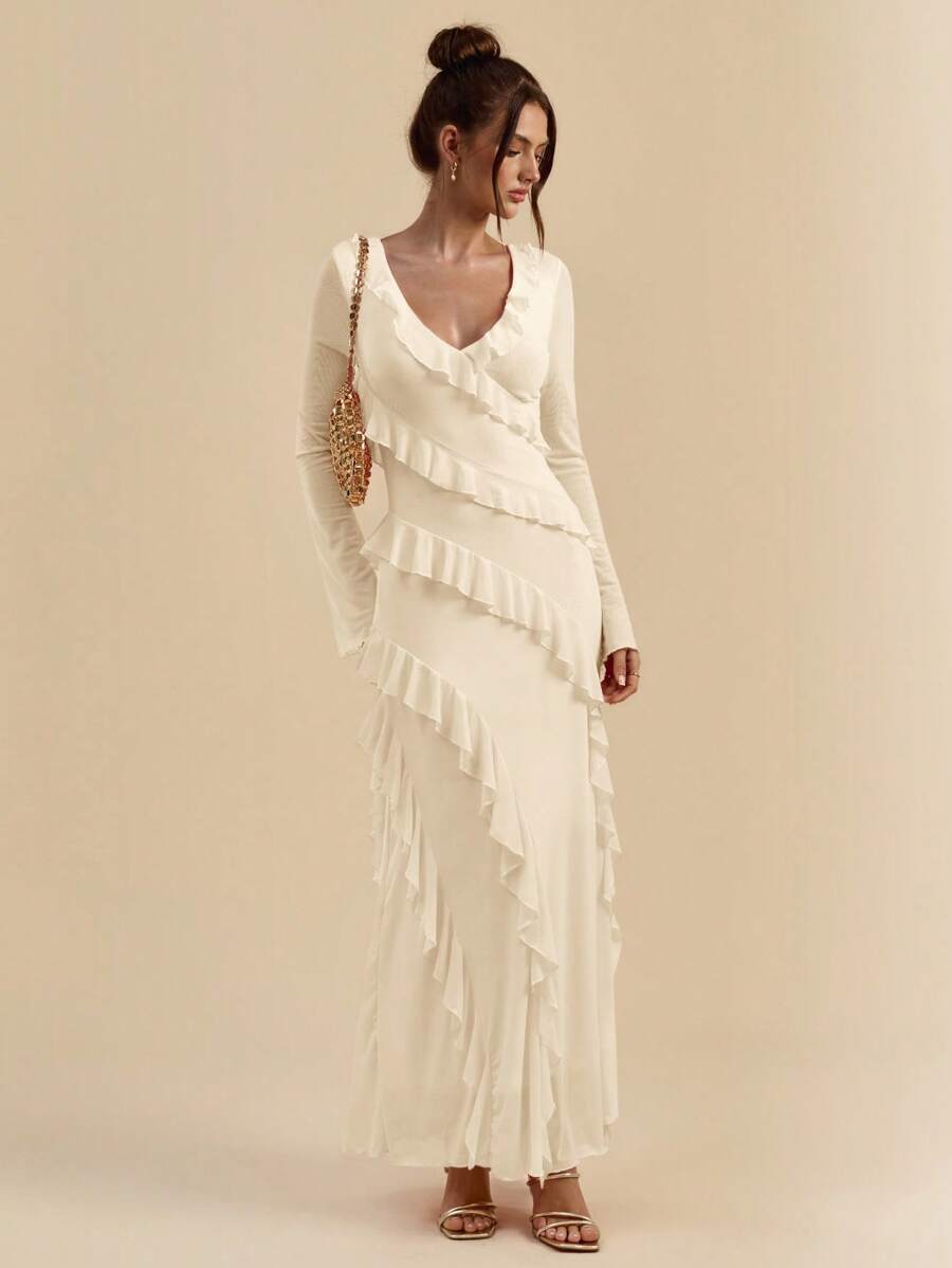 SHEIN BAE Váy Maxi Tay Dài Mùa Thu, Trang Phục Thường Ngày Lãng Mạn Ngọt Ngào Cho Hẹn Hò/Du Lịch, Thích Hợp Cho Ngày Lễ Tình Nhân, Chi Tiết Nơ, Váy Thanh Lịch Cho Phụ Nữ, Váy Ngày Lễ, Váy Trang Trọng, Váy Midi, Váy Mùa Hè, Tay Áo Lưới Trong Suốt, Váy Thường Ngày, Váy Cưới Cho Nữ, Đường Cong/Cỡ Lớn, Váy Sinh Nhật Cỡ Lớn, Váy Dạ Hội, Mùa Hè, Mùa Thu - Màu be - Xem 1