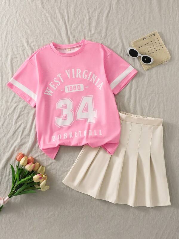 SHEIN 2pcs Women/Teen Girls Casual Matching Set: Round Neck Letter Print Short Sleeve T-Shirt And Minimal A-Line Skirt, Summer Back To School 2025 Kids Youthful School/Campus Wear Outfit