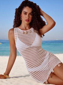 Swim Vcay Women's Solid Crochet Round Neck Sleeveless Mesh Beach Coverup Dress, Casual Vacation Elegant Boho Style With Shell Decor For Summer - White - View 2