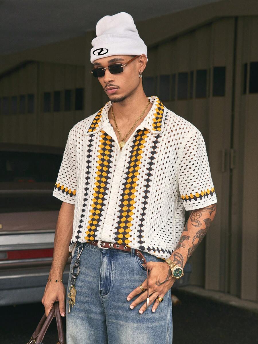 AXEPEAK Geometric Print Hollow Out Single-Breasted Knit Polo Shirt For Men, Summer, Streetwear Ready - Multicolor - View 1