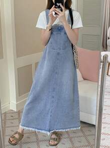 DAZY Abito salopette casual in denim da donna con tasche e design con orlo sfilacciato
