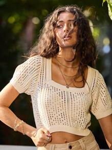 Aralina 钩针编织短袖方领夏季女装短款上衣 - 白色 - 查看 4