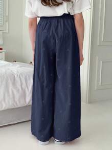 Dazy Kids Quần ống rộng cạp chun in họa tiết toàn thân cho bé gái tuổi mới lớn mùa xuân và mùa hè, quần áo trở lại trường - Màu xanh hải quân - Xem 5