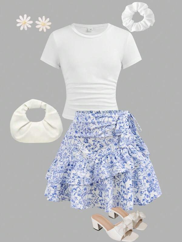 SHEIN Girlism Tween Girls' Leisure Holiday Round Neck Short Sleeve Solid Color Ruched Fitted Short T-Shirt Top With Hair Tie, Floral Print Asymmetric Hem A-Line Skirt 2-Piece Set