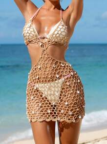 Swim Vcay 女式贝壳仿珍珠金属丝钩编针织罩衫 - 卡其色 - 查看 5