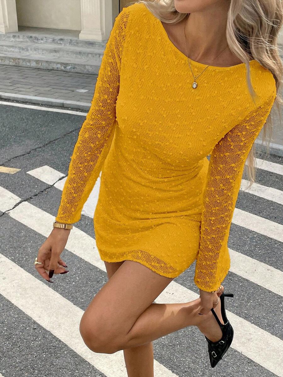 SHEIN Frenchy 女士纯色圆领长袖时尚迷你连衣裙 - 淡黃色 - 查看 1
