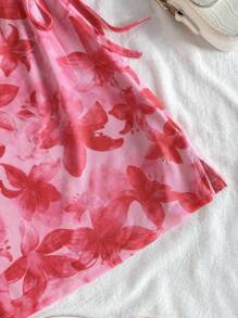 SHEIN Rochie scurtă cu imprimeu floral tropical, cu funde, model preadolescent, stil vară și eleganță, ținute asortate pentru mami și cu mine
