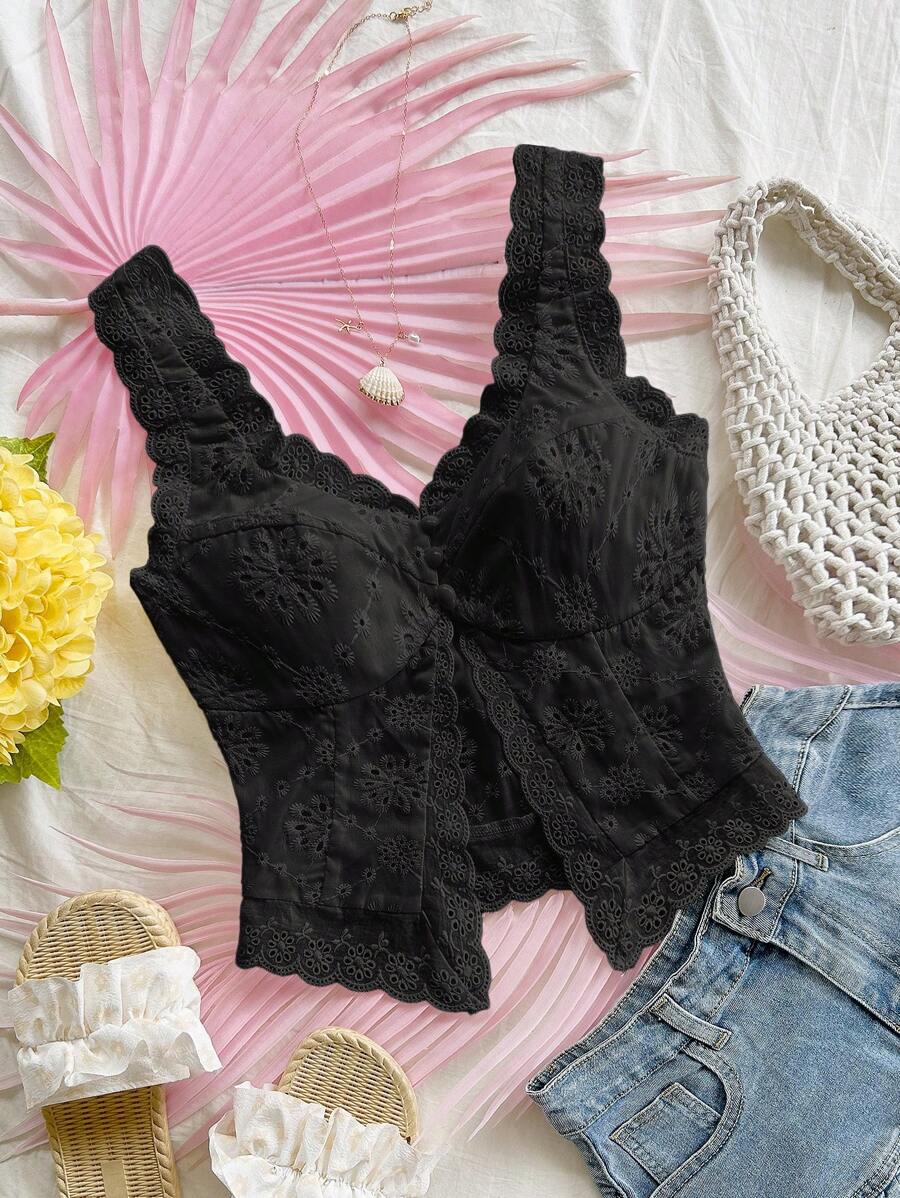 Soleia 女士刺绣开衩下摆拼接蕾丝花边休闲背心，适合度假、派对、下午茶、海滩、约会、夏季 - 黑色 - 查看 1