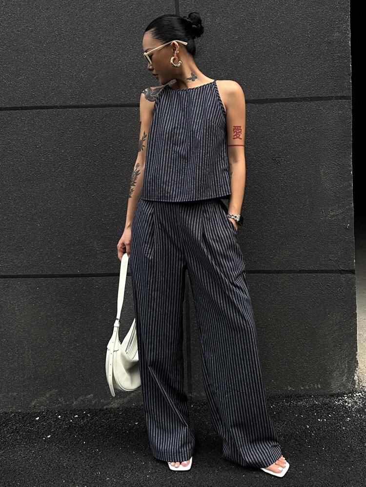Women's Summer Striped Spaghetti Strap Top And Pants 2 Pieces Set