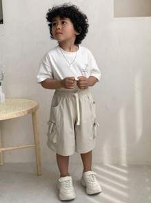 DAZY 小男孩字母印花抽绳腰部工装口袋短裤 - 米色 - 查看 7