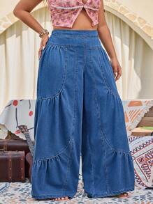 SHEIN LUNE Quần denim ống rộng phong cách nghỉ dưỡng rộng rãi cho nữ cỡ lớn - Rửa trung bình - Xem 5