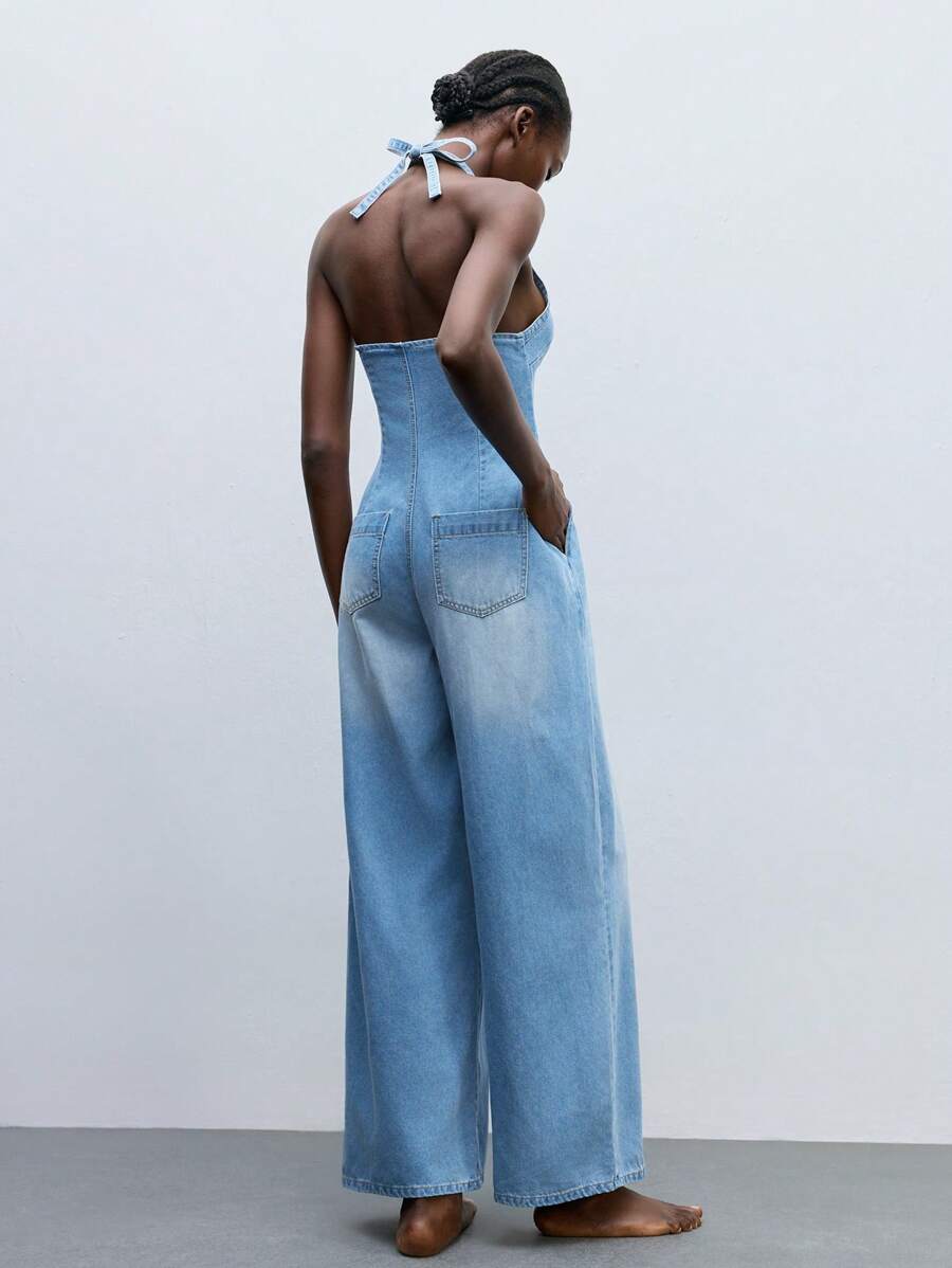 Maija 女式蓝色牛仔无袖吊带连体裤 - 淺色水洗藍 - 查看 1