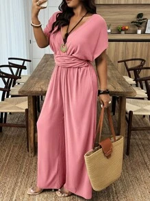 SHEIN LUNE Plus Size Solid Color Deep V-Neck Casual Versatile Short Sleeve Jumpsuit - Pink - View 4