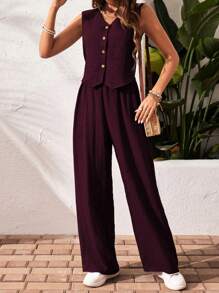 SHEIN Frenchy 1 Set Maglietta senza maniche con scollo a V e bottoni anteriori e Pantaloni lunghi casual, completo da 2 pezzi