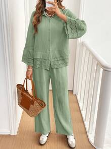 SHEIN Frenchy 2pcs Women Cotton Lace Long Sleeve Button-Front Shirt And Pants Set
