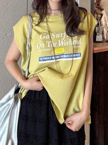 FRIFUL Women's Sleeveless Round Neck Letter Print T-Shirt, Yellow, Loose Casual Versatile Vacation & Music Festival Outfit