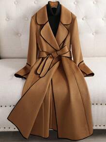 SHEIN LUNE Women Contrast Trim Tied Long Sleeve Casual Outerwear Fall Winter Cloth For Women - Camel - View 1