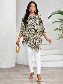 SHEIN Lady 动物印花不对称下摆女式衬衫上衣适合春夏休闲度假 - 彩色 - 查看 6