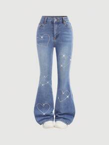 Girlism 千禧少女春夏度假水洗优雅高腰爱心水钻弹力喇叭牛仔裤，适合少女夏季海滩波西米亚风度假、夏季音乐会、音乐节、休闲派对、夏季早午餐、教堂毕业典礼、街头风、返校季等场合。 - 中等水洗藍 - 查看 1