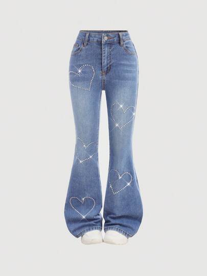 Girlism 千禧少女春夏度假水洗优雅高腰爱心水钻弹力喇叭牛仔裤，适合少女夏季海滩波西米亚风度假、夏季音乐会、音乐节、休闲派对、夏季早午餐、教堂毕业典礼、街头风、返校季等场合。