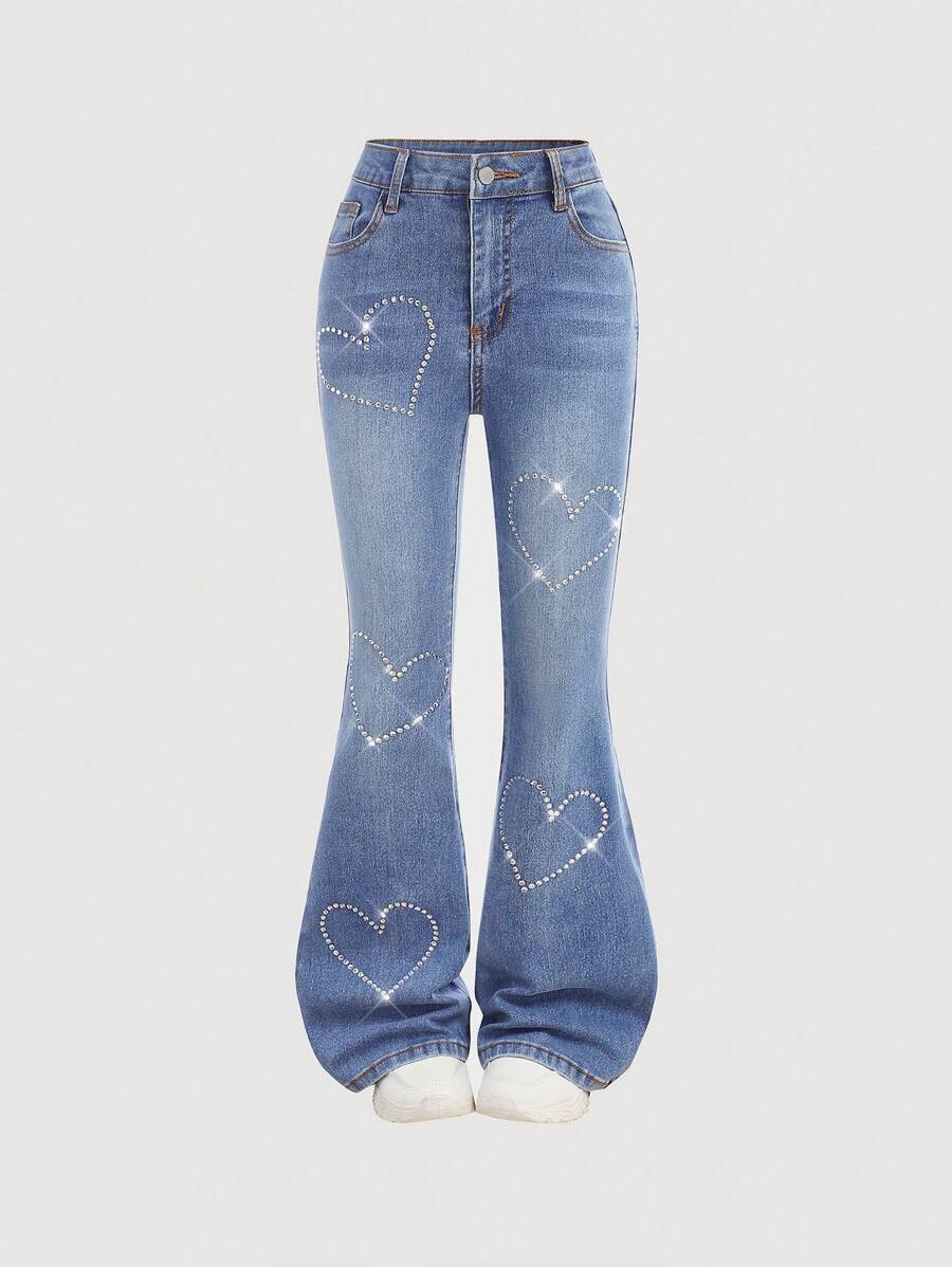 Girlism 千禧少女春夏度假水洗优雅高腰爱心水钻弹力喇叭牛仔裤，适合少女夏季海滩波西米亚风度假、夏季音乐会、音乐节、休闲派对、夏季早午餐、教堂毕业典礼、街头风、返校季等场合。 - 中等水洗藍 - 查看 1