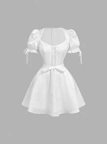 SHEIN MOD 泡泡袖蕾丝拼布腰带浪漫连衣裙 - 白色 - 查看 2