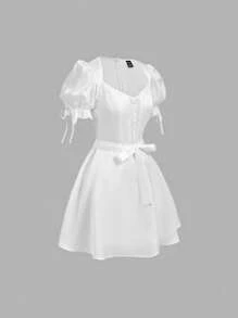 SHEIN MOD 泡泡袖蕾丝拼布腰带浪漫连衣裙 - 白色 - 查看 6