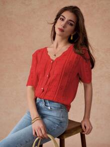 Écloséra Women's Casual Red Knit Button-Up Top, Elegantly Designed With A Scallop V-Neck, Stylish Short Sleeves, And Subtle Semi-Sheer Pointelle Accents.