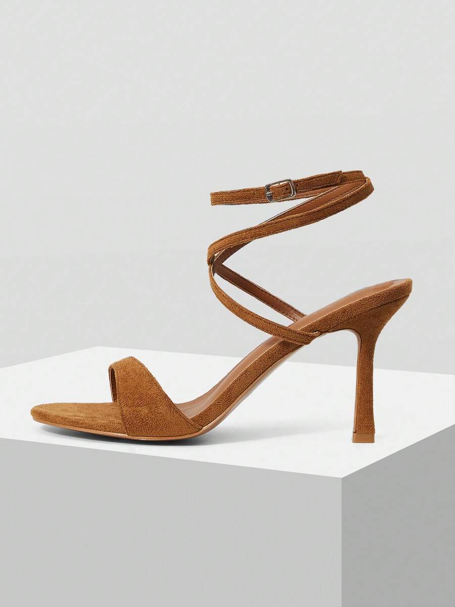 MOTF PREMIUM WOMEN'S 8.8CM SUEDETTE DEER SKIN STRAP BUCKLE FASHION MINIMALIST COMFORTABLE PEEP TOE HIGH HEEL SANDALS, BROWN FOR CHRISTMAS - Brown - View 2