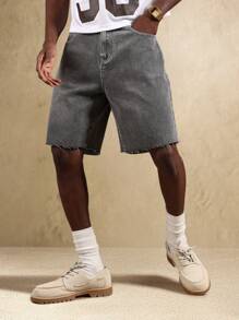 SUMWON 原始剪裁百慕大长度破洞牛仔短裤磨损下摆复古风格夏季街头休闲牛仔短裤直筒版型 - 灰色 - 查看 5