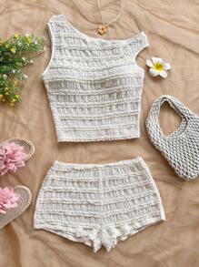 Soleia 2 件女式红白条纹针织不对称领口短款上衣和超低腰紧身短裤套装，适合度假、派对、圣诞节、情人节、约会、海滩、游轮、狂欢节、复活节