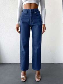EURMUSE High Waist Straight Leg Jeans - Dark Wash - View 4