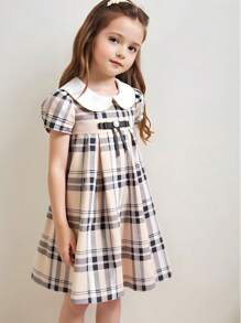 Elladie kids Girl's Plaid Print Peter Pan Collar Short Sleeve Dress, Collegiate Style - Multicolor - View 1
