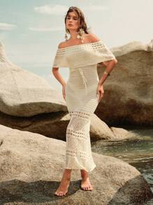 Anewsta Modisches, elegantes, reifes, hochwertiges gehäkeltes Strandkleid, Off-Shoulder für den Urlaub, 2025SS - Beige - Übersicht 7