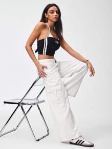 SHEIN EZwear Women's Low Waist Solid Color Pocket Button White Flare Leg Jeans Denim Pants - Apricot - View 3